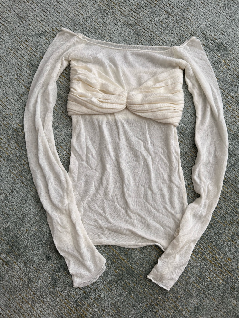 Orseund Iris Dupe Cream Off-Shoulder Twist Front Long Sleeve Mesh Top